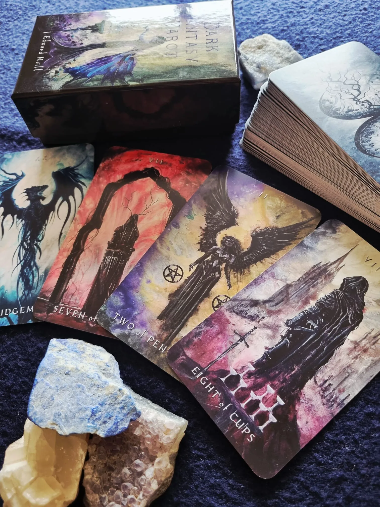Judgement, the Seven of Wands, Two of Pentacles and Eight of Cups from the Dark Fantasy Tarot, showing sweeping curls of acrylic paint blending into mist and shadow.