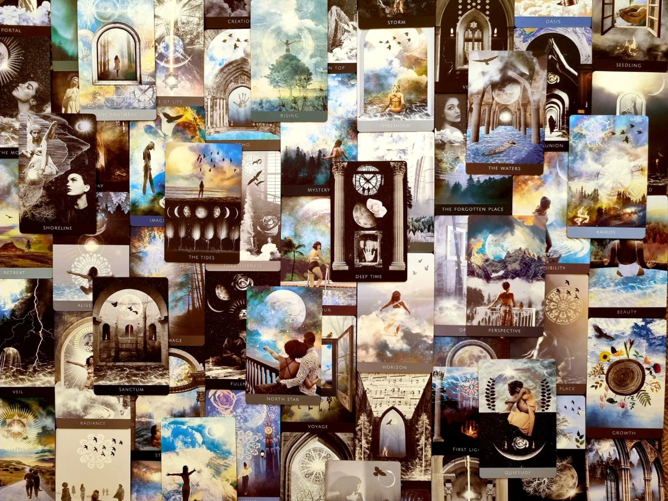 Collage of Deep Place Oracle card art showing arches, moons and thresholds