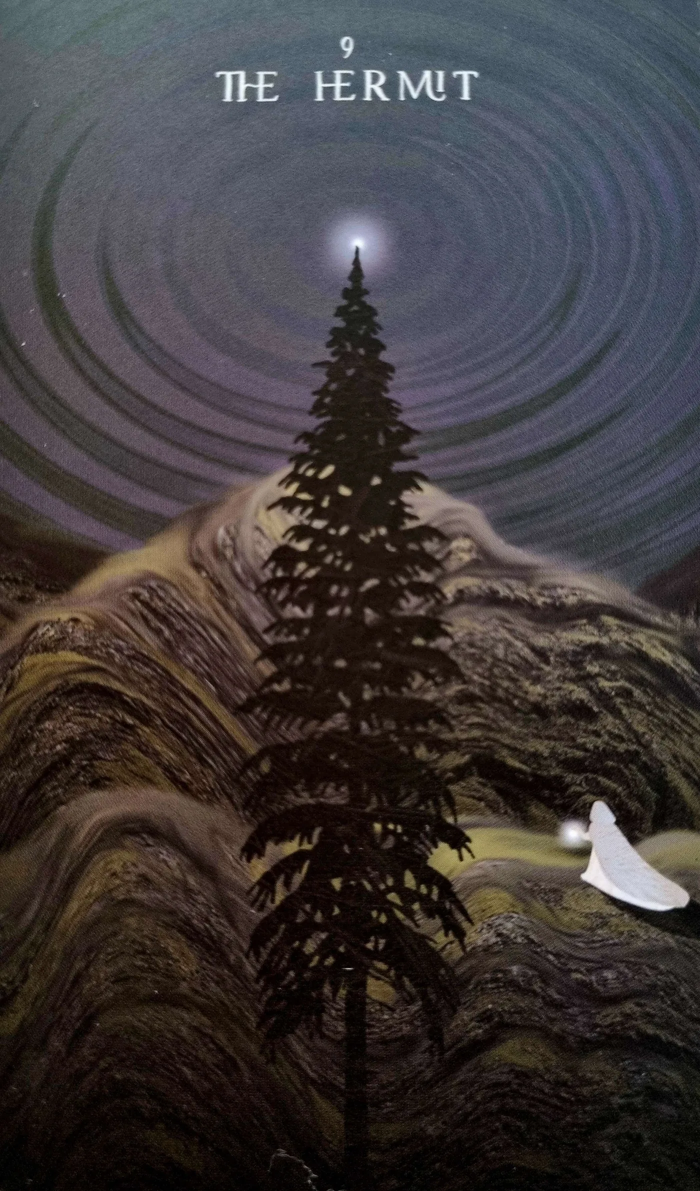 The Hermit tarot card, a lone pine tree and a distant lantern, illustrating avoidance
