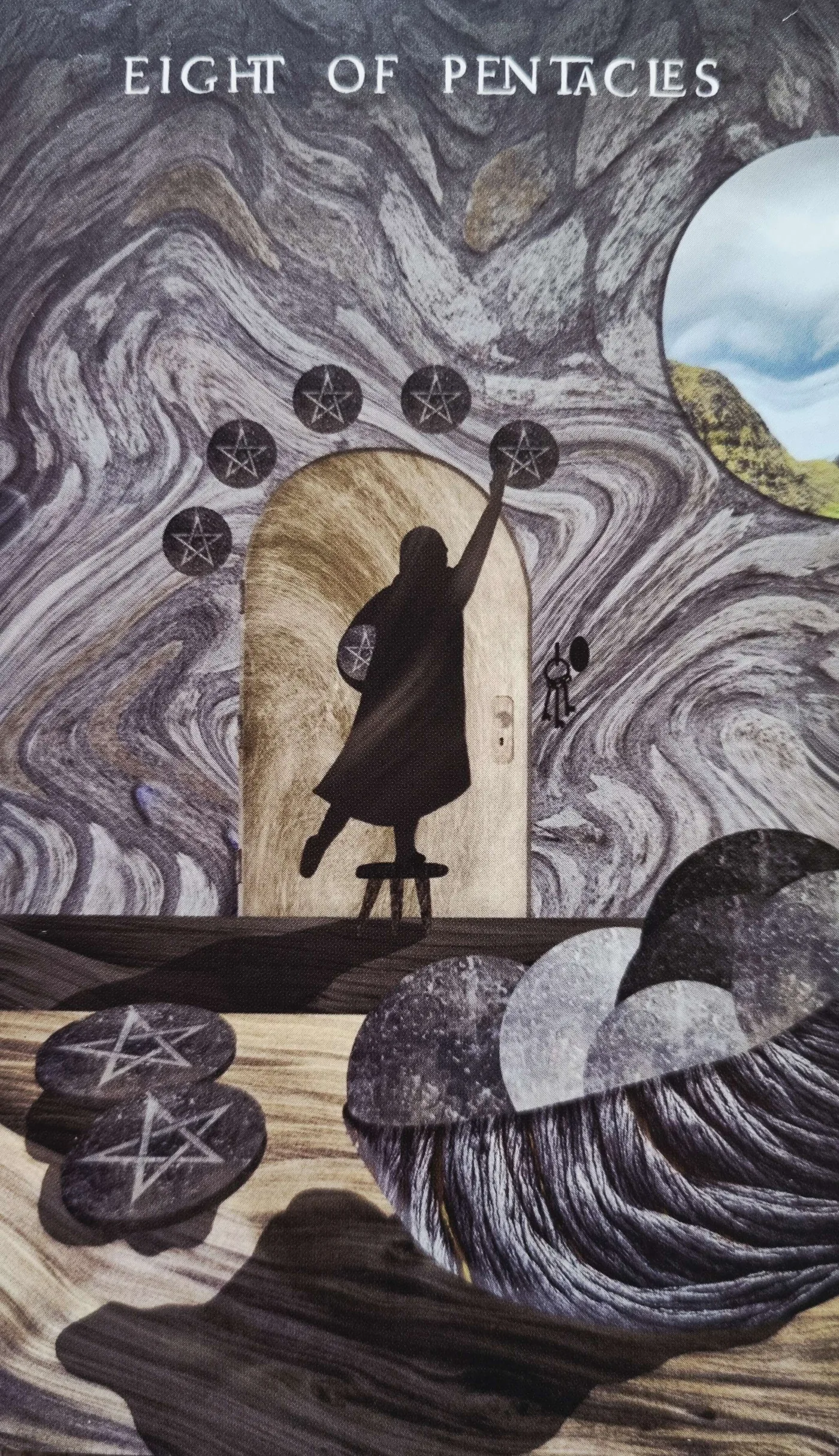 The Eight of Pentacles tarot card, a figure working at an archway, illustrating perfectionism