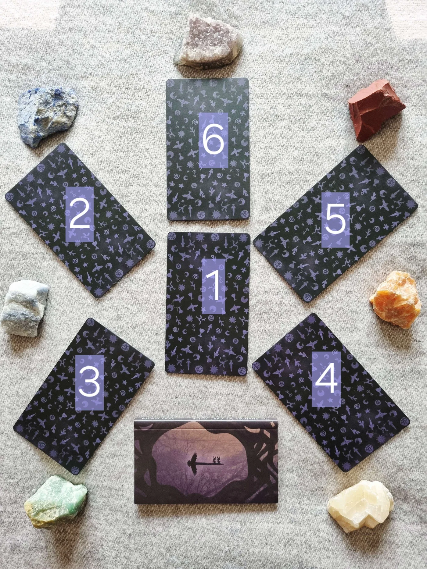 Six card ego defence shadow work tarot spread with numbered card positions among crystals