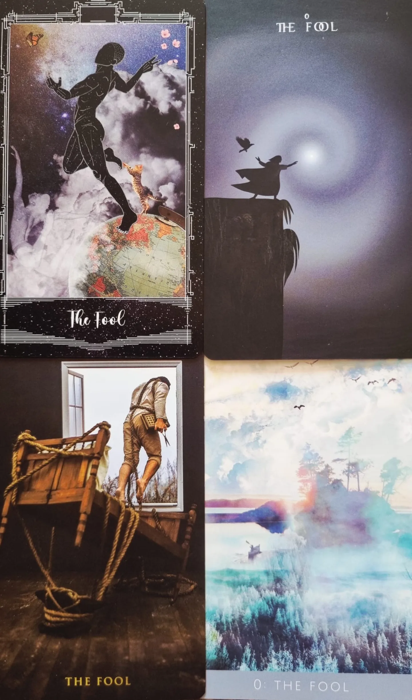 The Fool tarot card compared across the Cosmosis Tarot, The Shadows We Cast Tarot, Rooted Remembrance Tarot and The Somnia Tarot