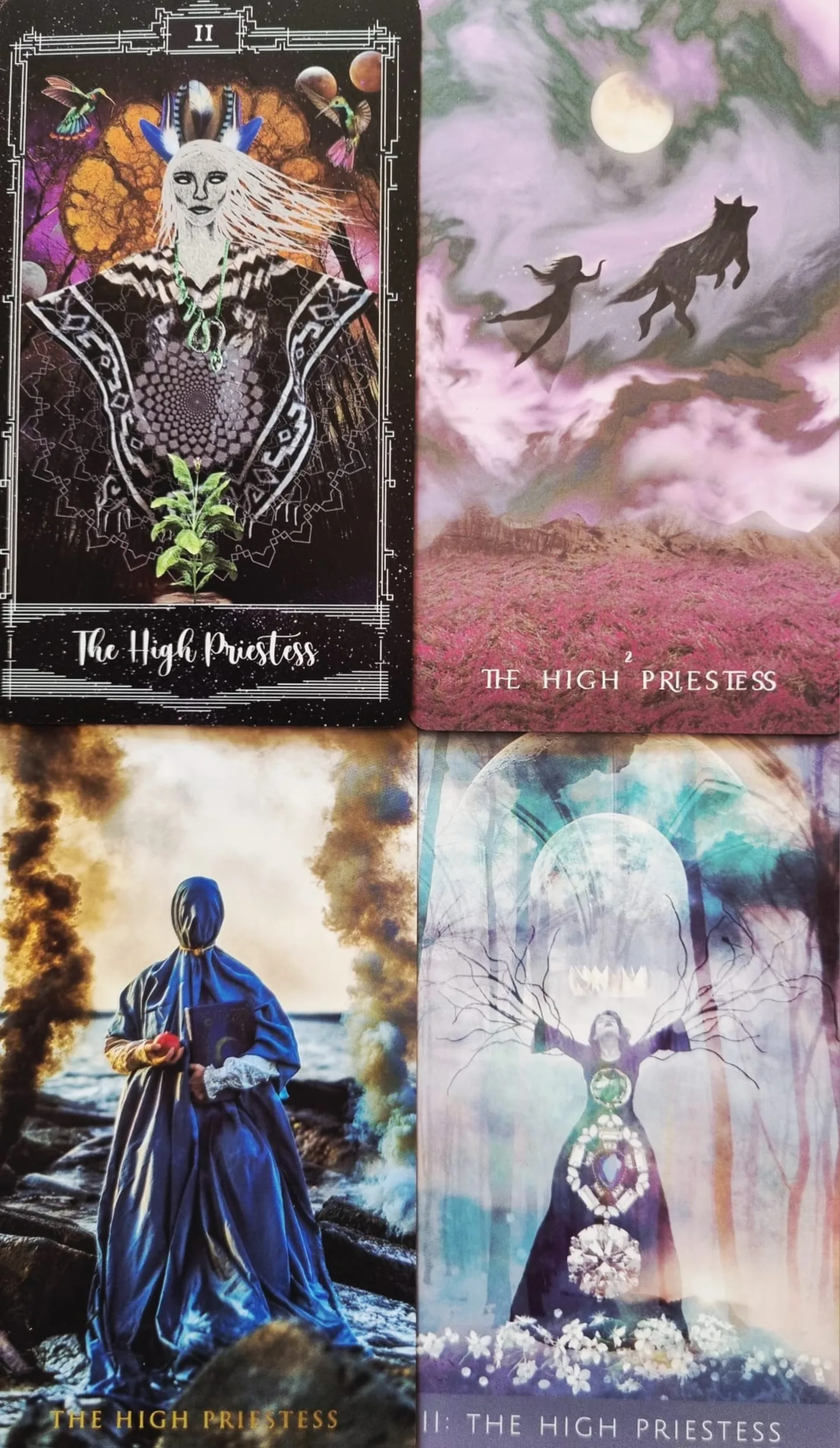 The High Priestess tarot card compared across the Cosmosis Tarot, The Shadows We Cast Tarot, Rooted Remembrance Tarot and The Somnia Tarot