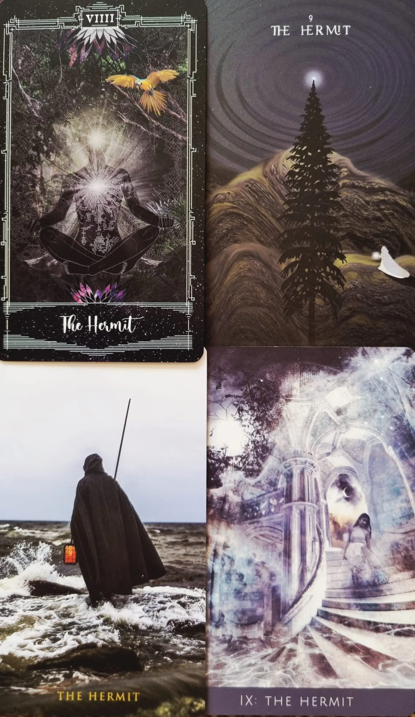 The Hermit tarot card compared across the Cosmosis Tarot, The Shadows We Cast Tarot, Rooted Remembrance Tarot and The Somnia Tarot