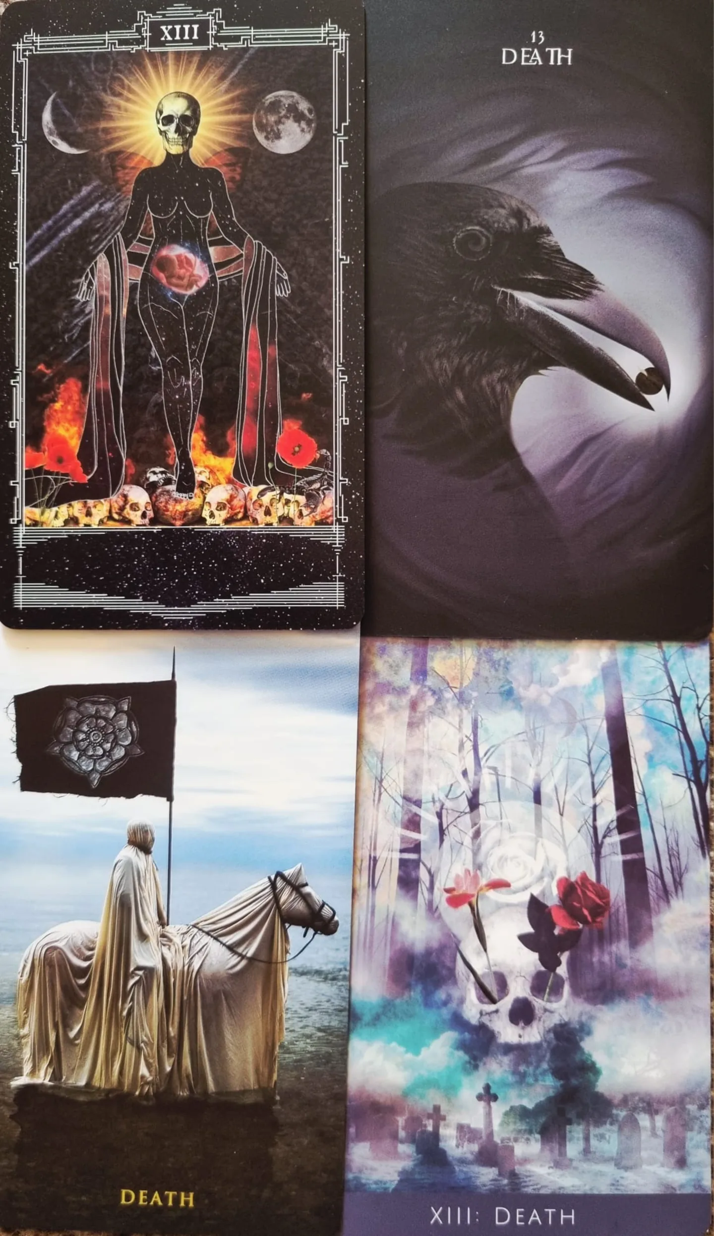 Death tarot card compared across the Cosmosis Tarot, The Shadows We Cast Tarot, Rooted Remembrance Tarot and The Somnia Tarot