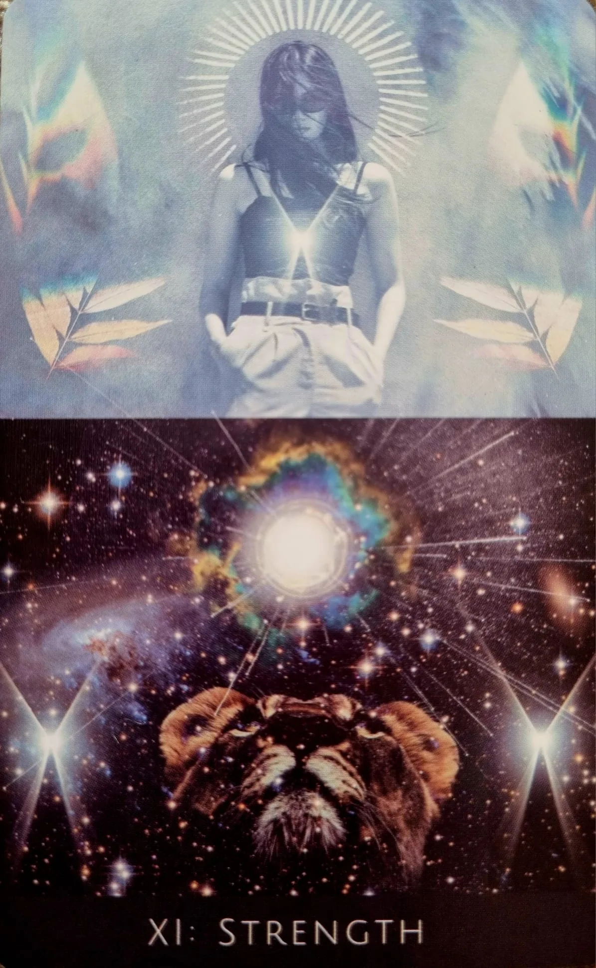 The Strength card from the Rooted Remembrance Tarot, a lion's head radiating light beneath a starburst sun