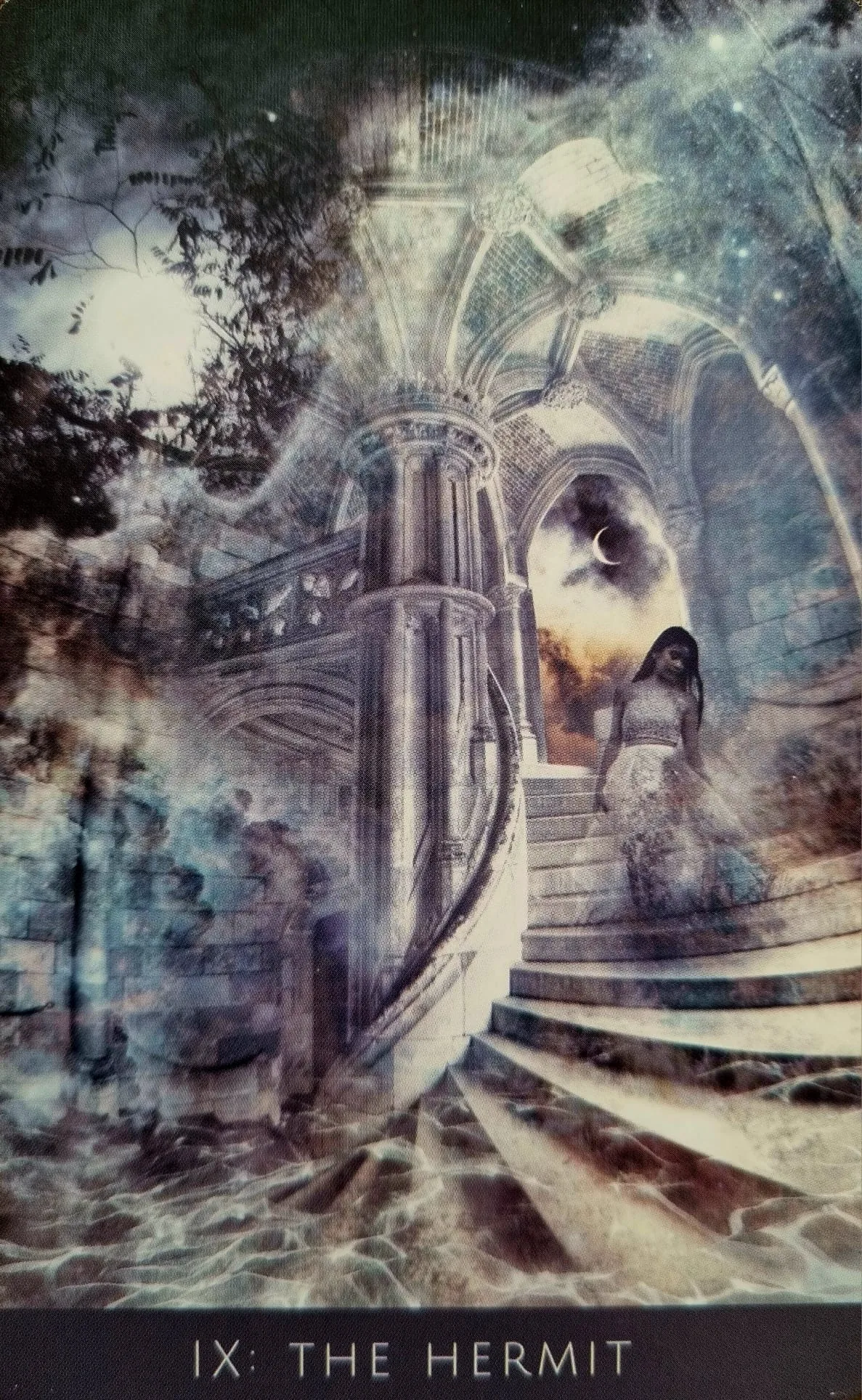 The Hermit card from the Rooted Remembrance Tarot, a figure descending stone steps beneath a gothic arch and crescent moon