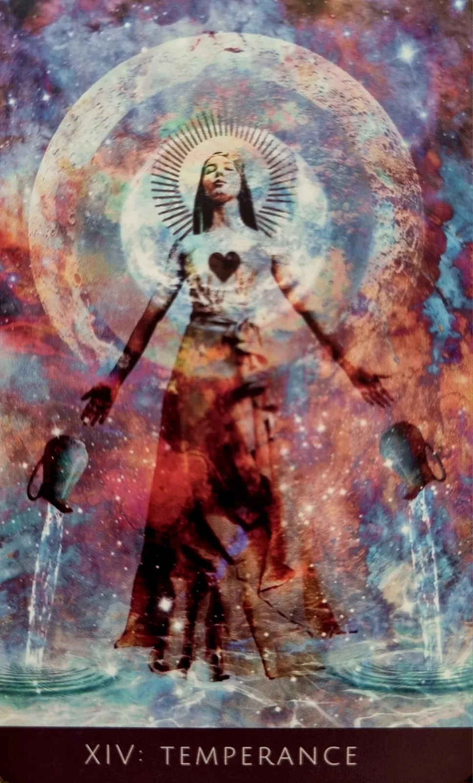 Temperance from the Rooted Remembrance Tarot, a haloed figure pouring water between two cups against a vast cosmic moon