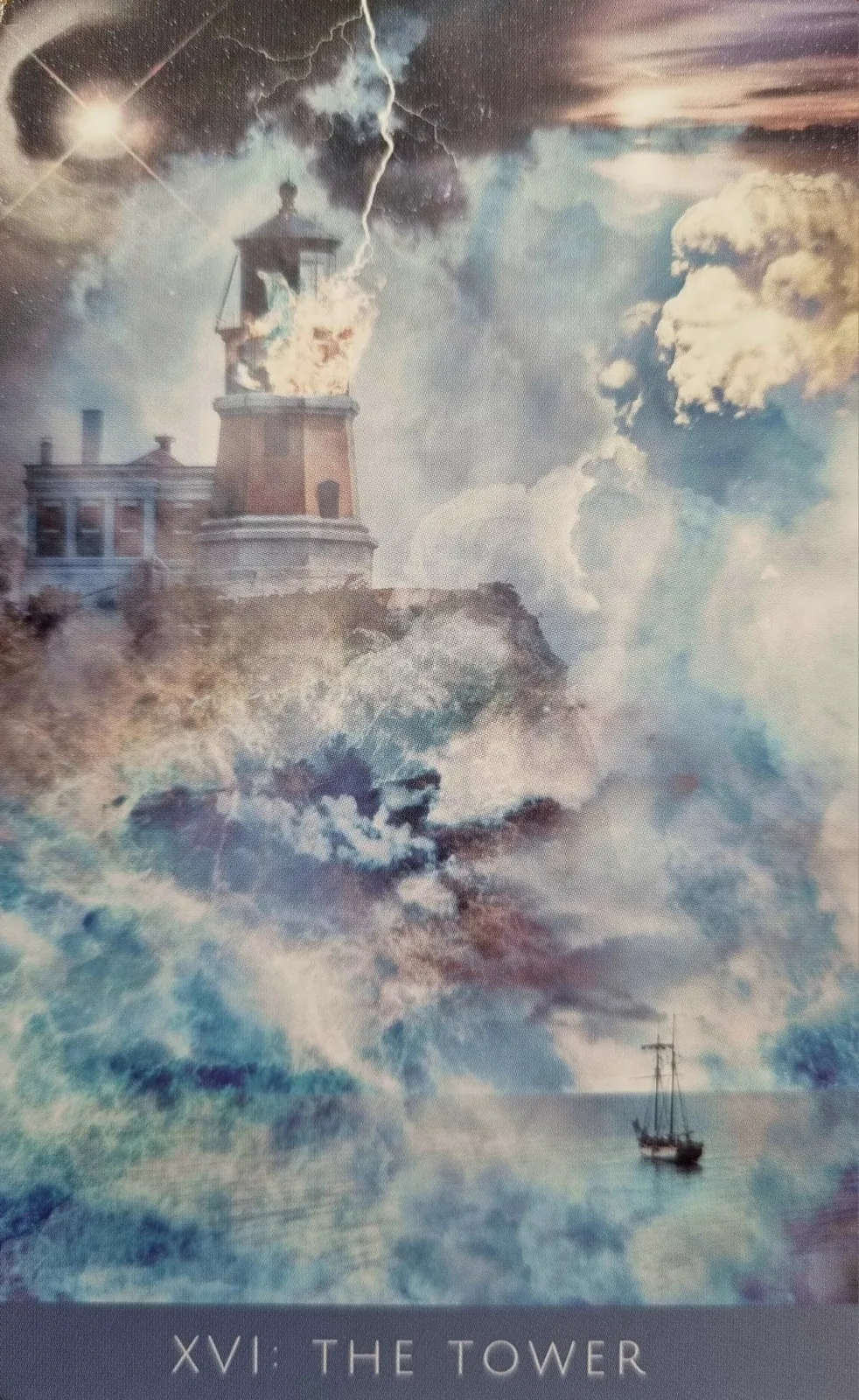 The Tower from the Rooted Remembrance Tarot, lightning striking a clifftop lighthouse above a stormy sea and a distant ship