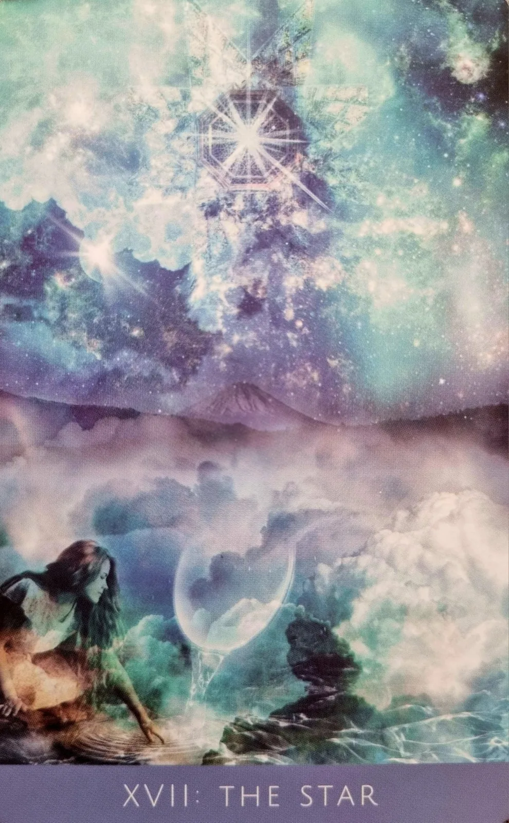 The Star from the Rooted Remembrance Tarot, a figure kneeling at the water's edge beneath a brilliant star and crescent moon