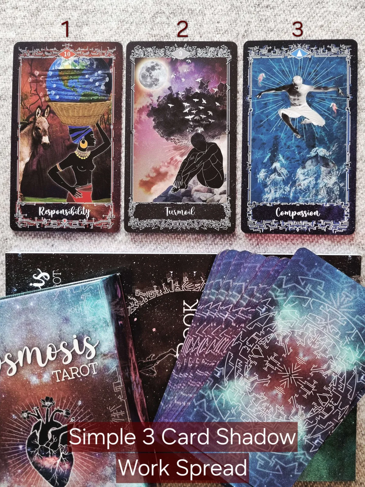 Simple three card shadow work tarot spread beside the Cosmosis Tarot box