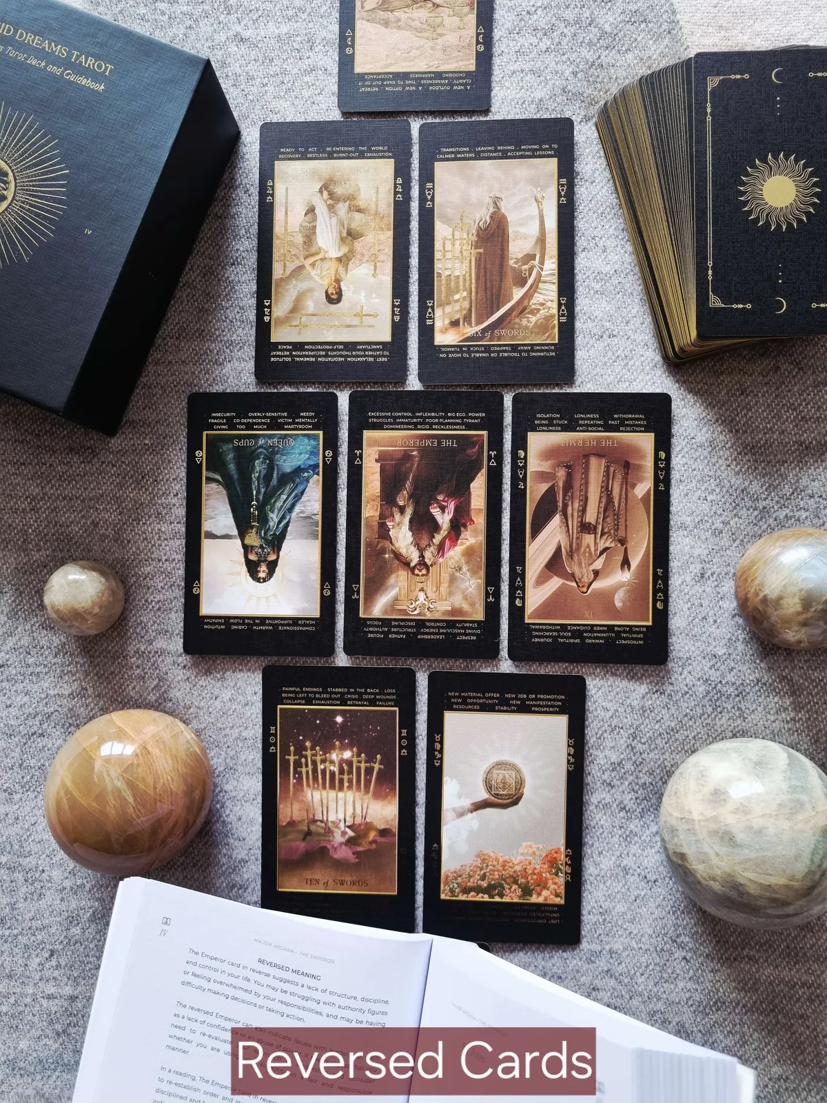 Reversed Lucid Dreams Black Eclipse tarot cards beside the box and an open guidebook