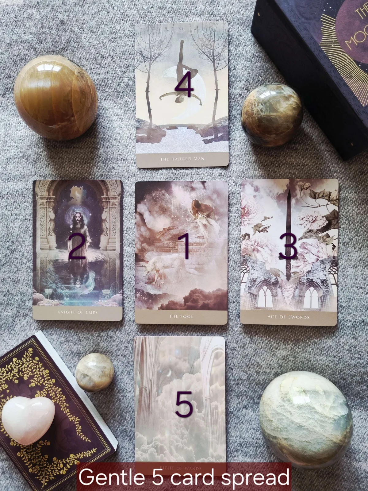 Gentle five card shadow work spread with Moonchild Shadow Work Edition cards and a rose quartz heart
