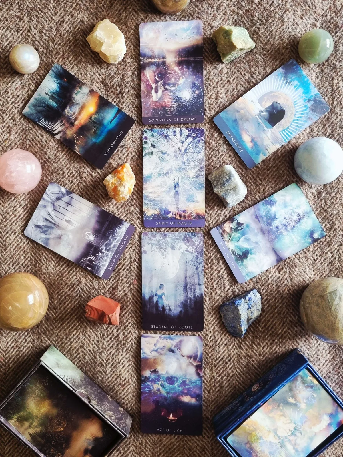 Rooted Remembrance, Deep Place and Stone + Shadow cards laid out with crystals for a Mabon reading