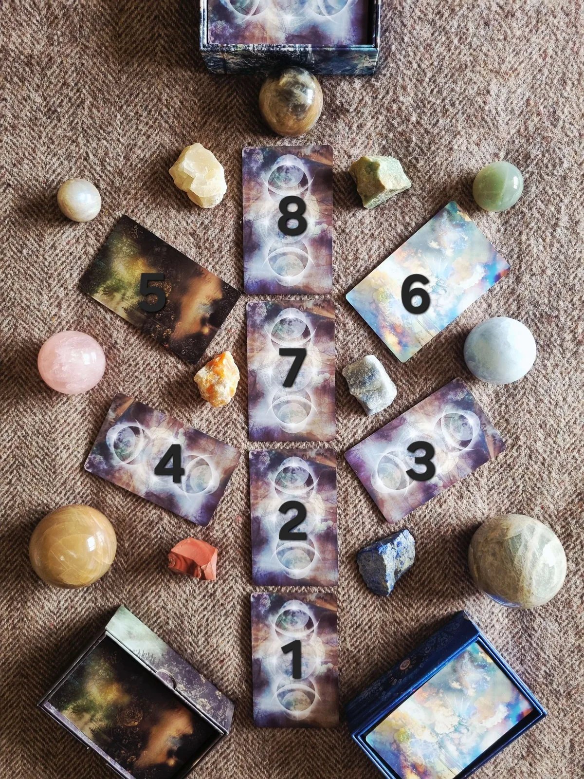 the eight positions of the Fruit Harvest tarot spread laid out and numbered