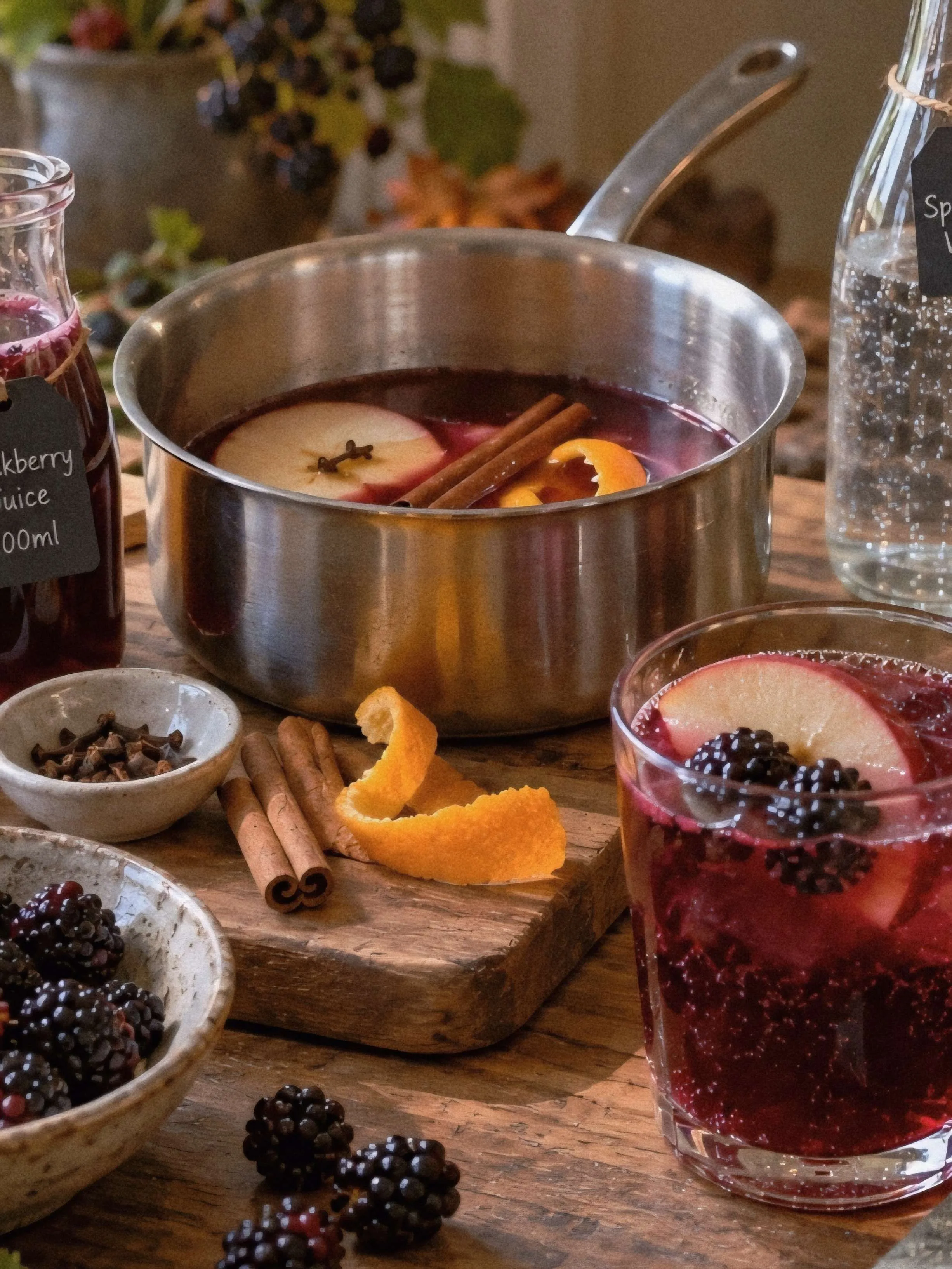 spiced blackberry and apple drink warming in a pan with cinnamon and orange peel