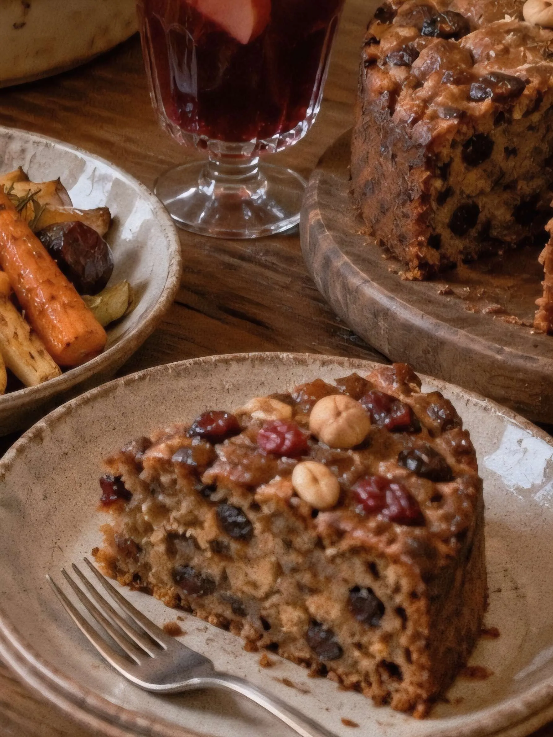 slice of Mabon fruit harvest cake with roasted vegetables and spiced drink