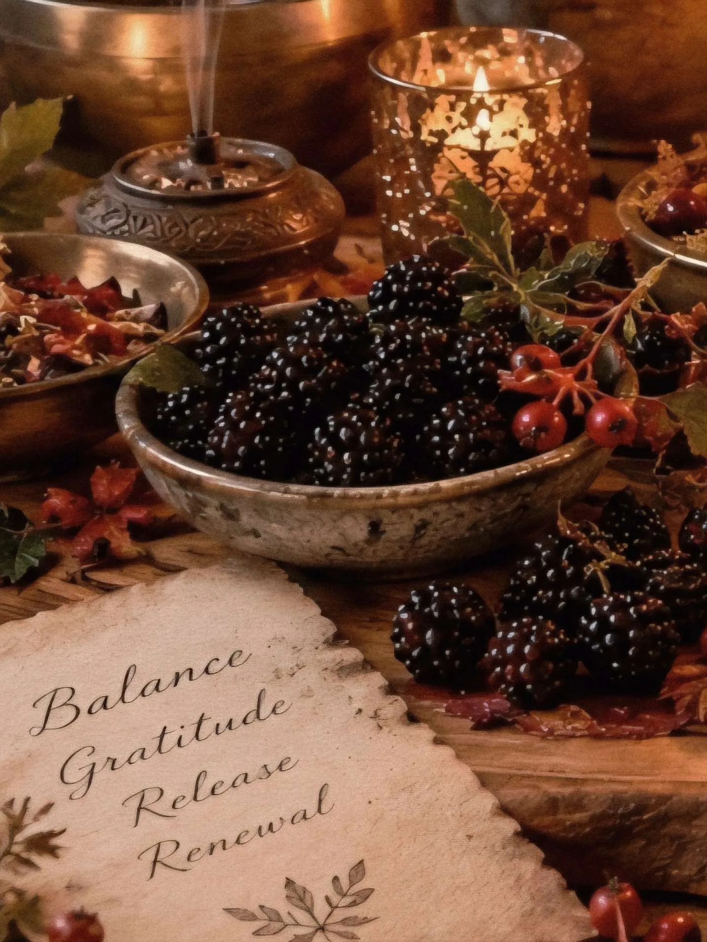 candlelit altar with incense and a bowl of blackberries