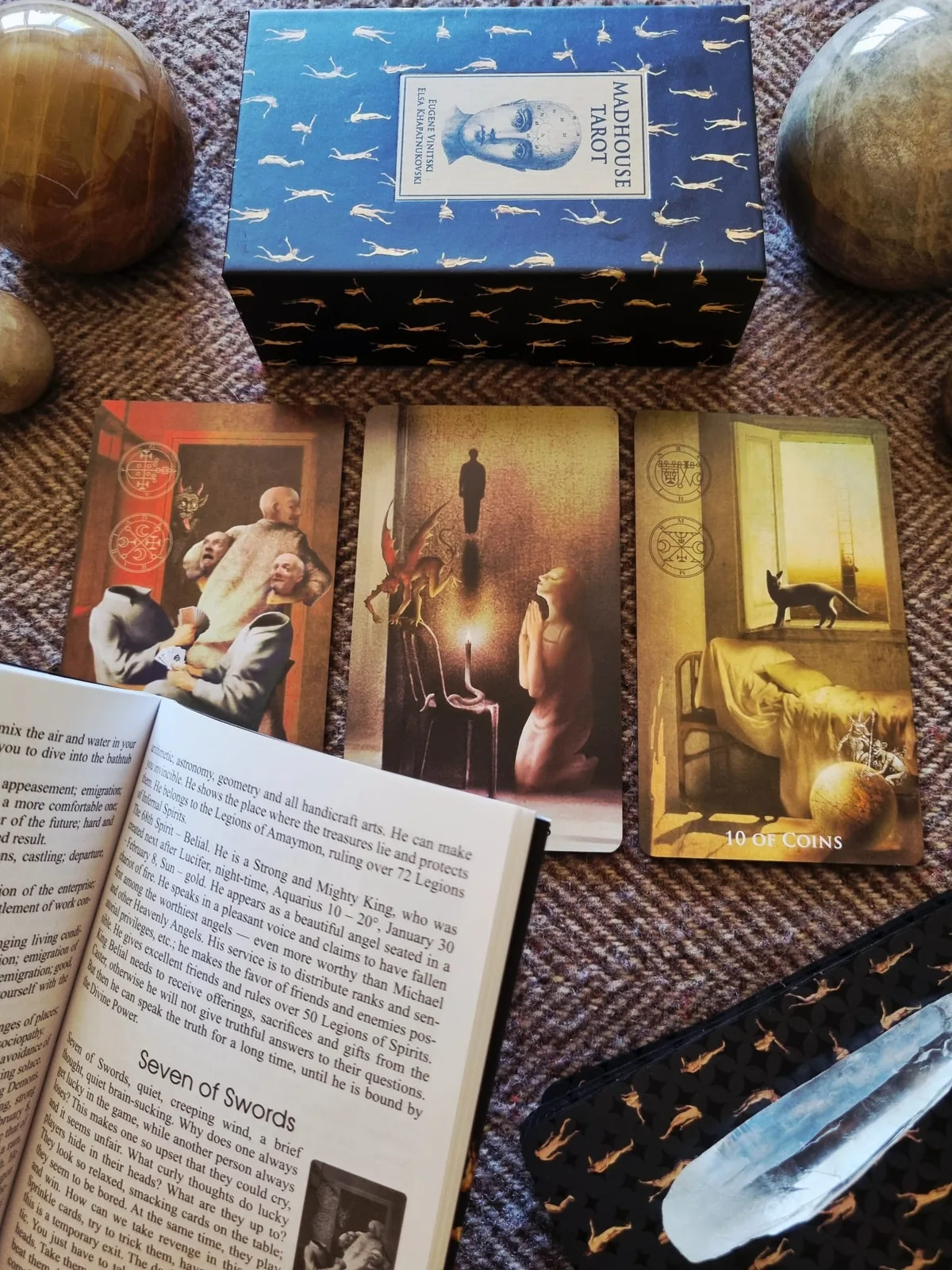 The Madhouse Tarot companion guidebook open beside the box and a row of hand-drawn cards