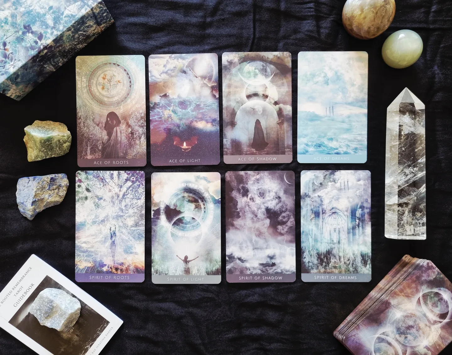 Rooted Remembrance Tarot Ace and Spirit court cards showing the Roots, Light, Shadow and Dreams suits
