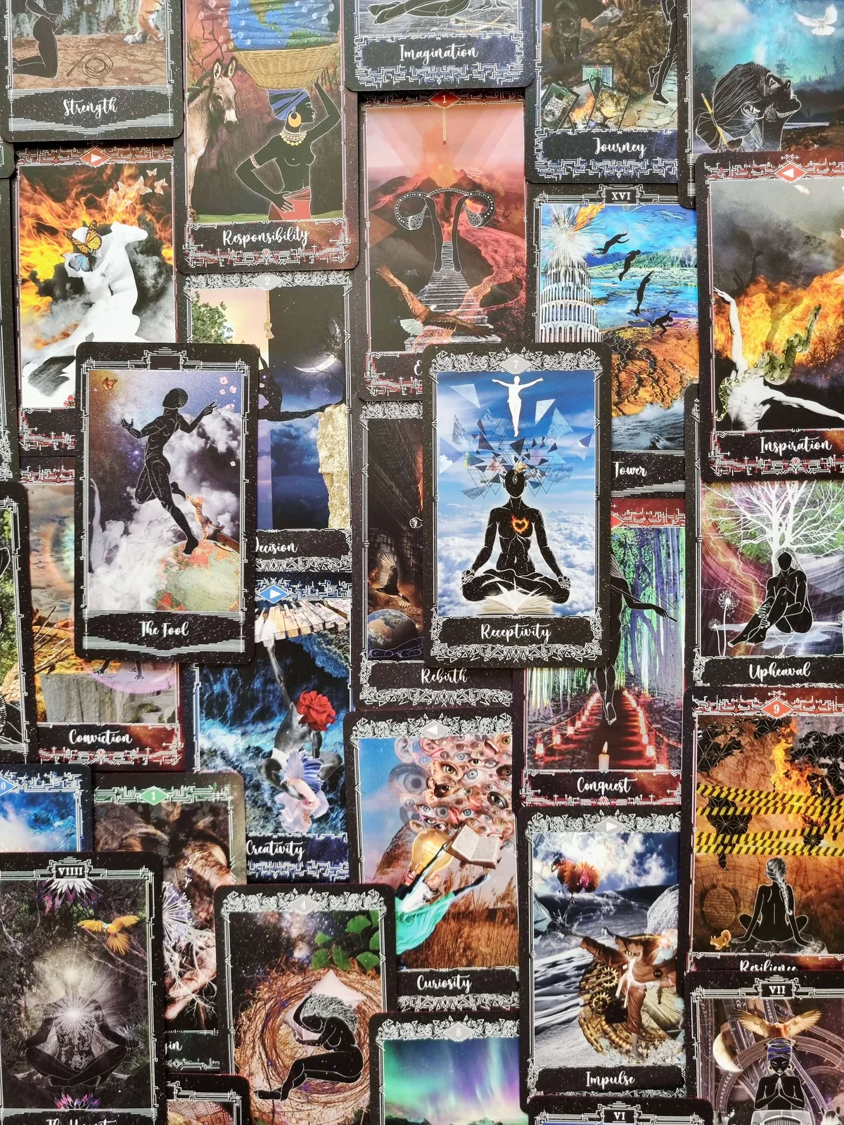 Cosmosis Tarot cards laid out across a table for a Samhain tarot reading