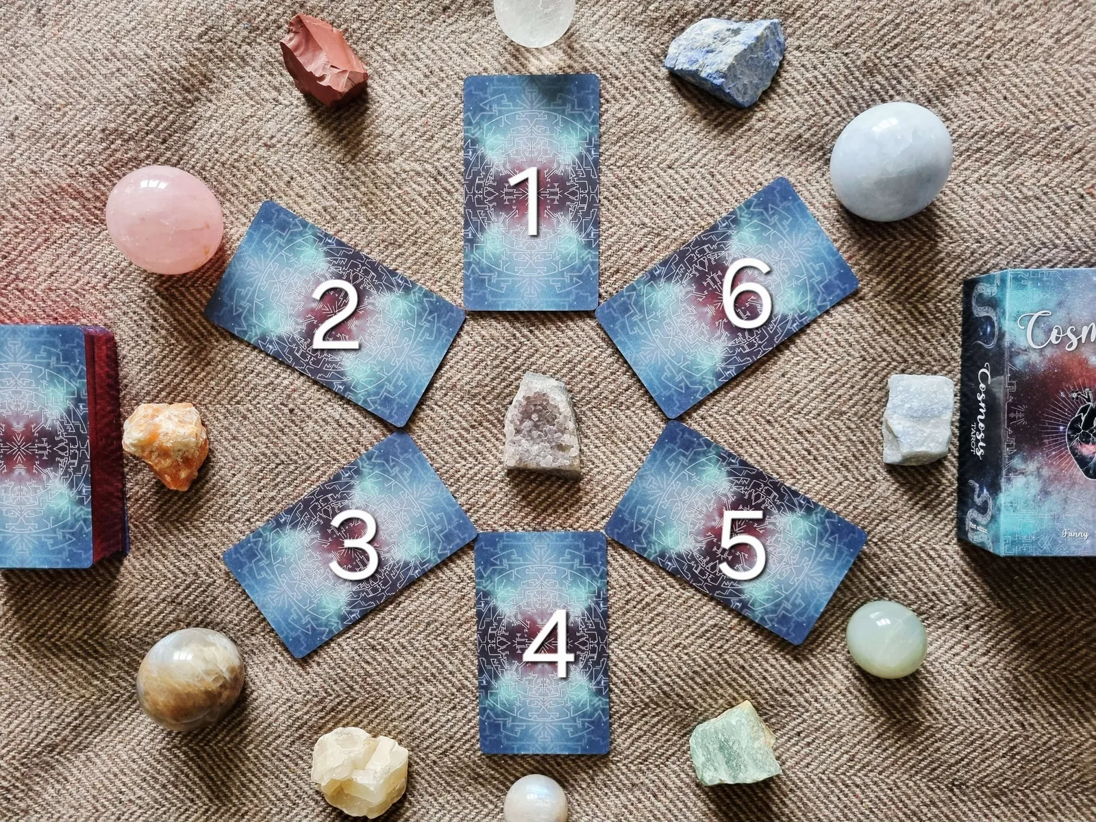 six numbered Cosmosis Tarot cards in a circle surrounded by crystals for Samhain journaling