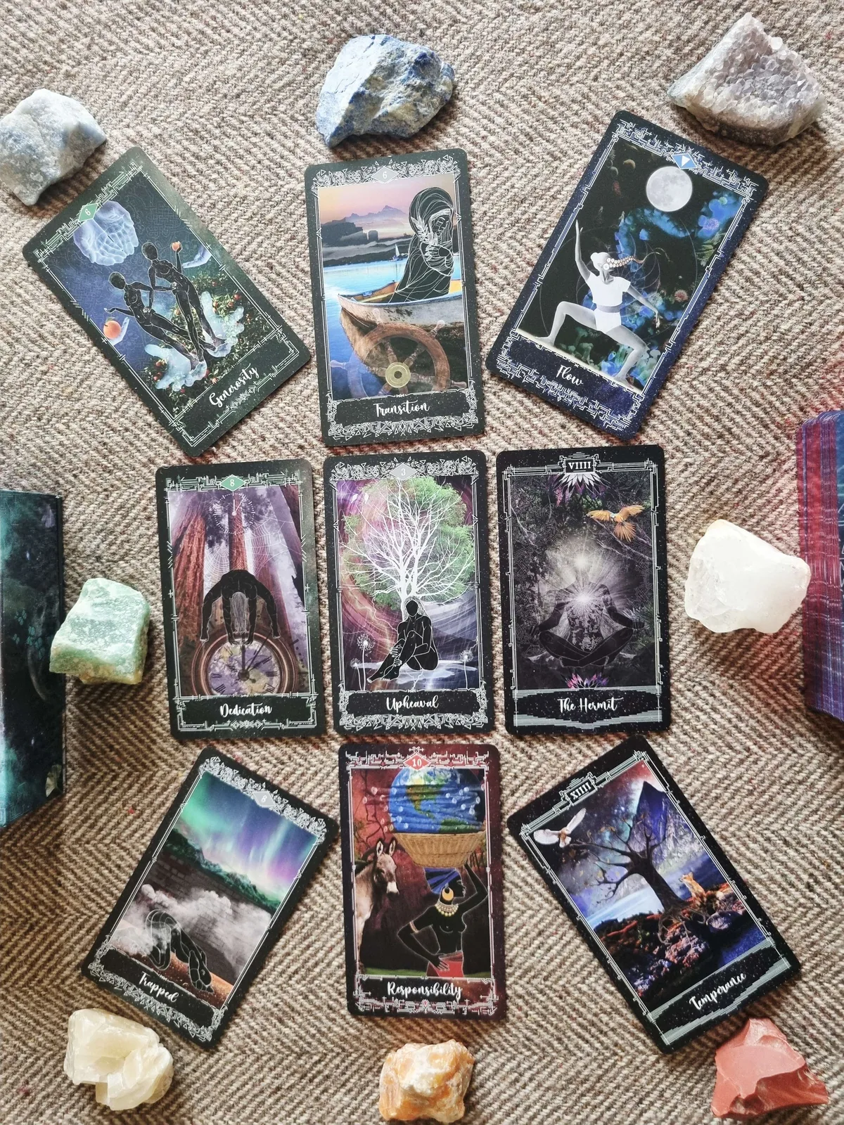 nine Cosmosis tarot cards laid out for the Nine Gates of Samhain worked example reading