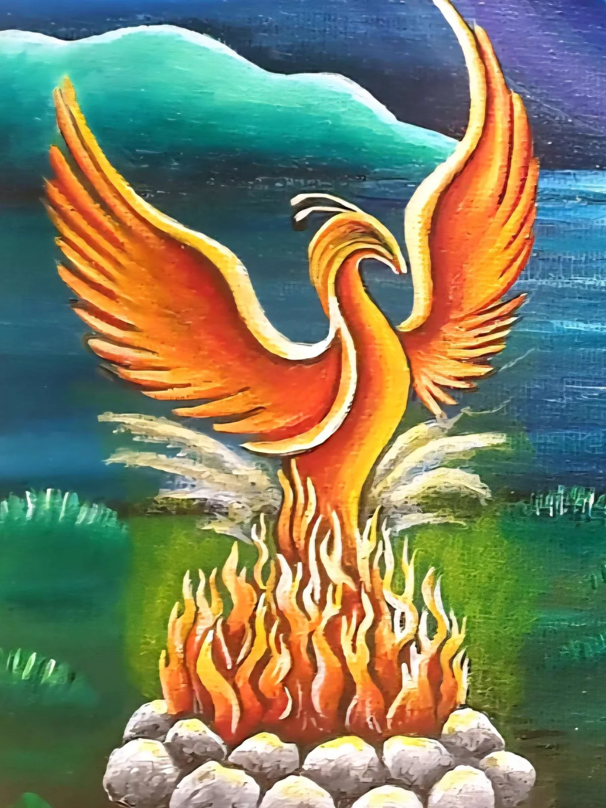painting of an orange and gold phoenix rising from flames above a ring of stones, symbolising renewal at Samhain
