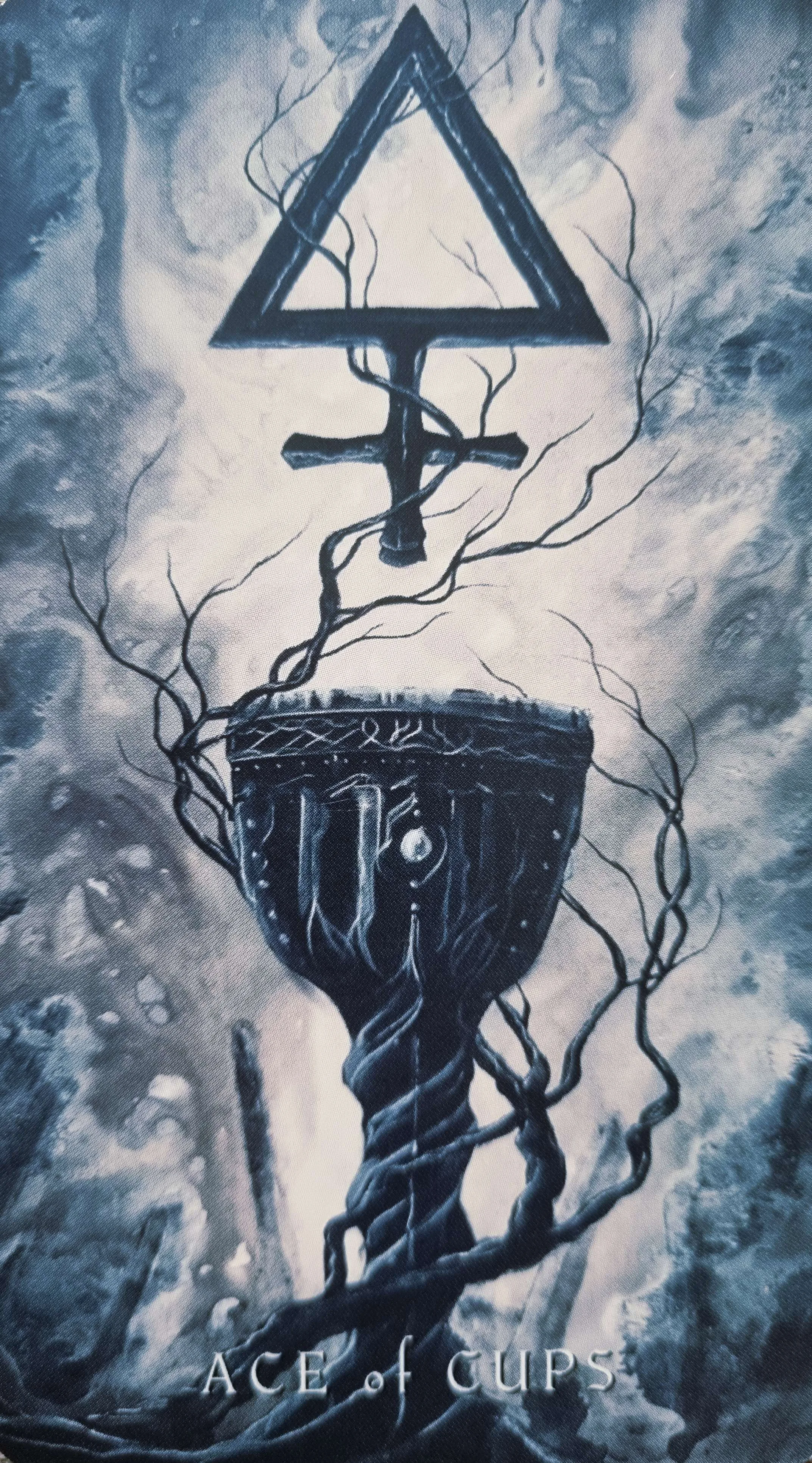 Ace of Cups tarot card, a rooted chalice beneath a Water triangle sigil