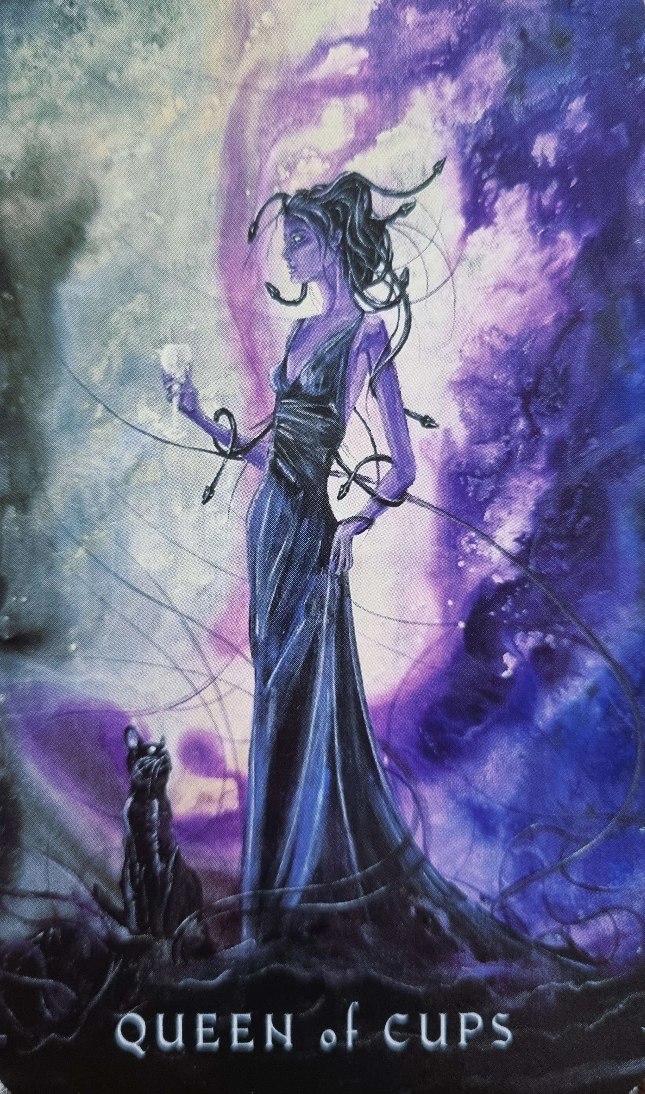 Queen of Cups tarot card, a serpent-adorned figure holding a cup beside a black cat