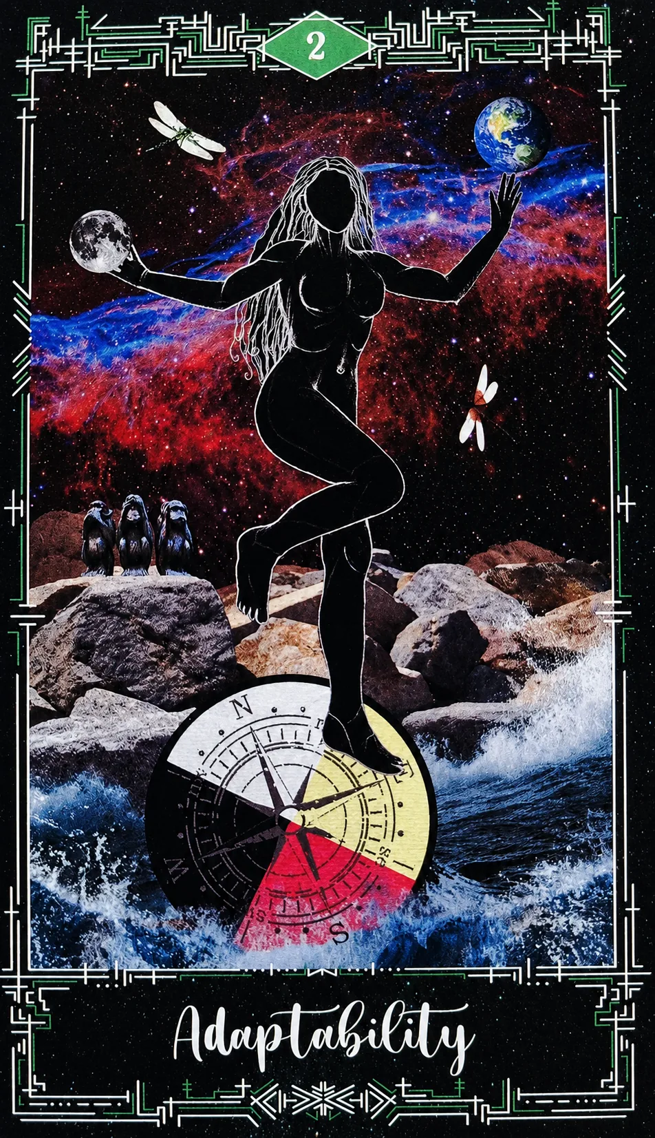 Two of Pentacles card: a figure balancing on a compass between moon and earth, titled Adaptability