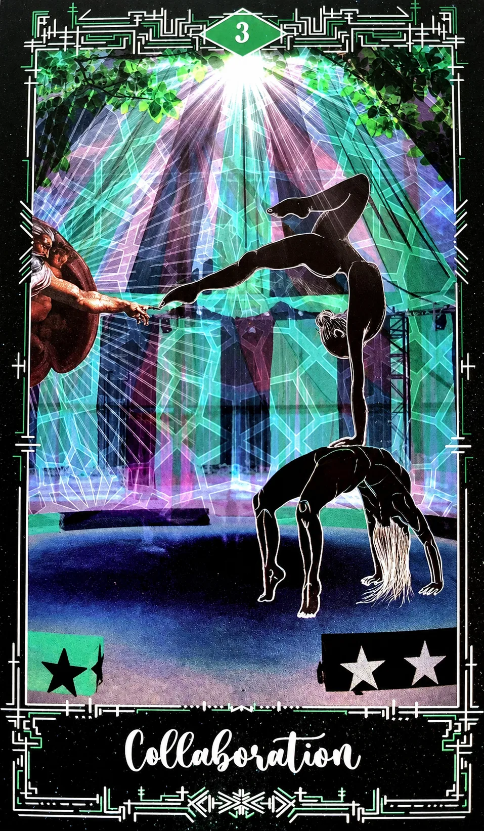 Three of Pentacles card: two acrobats performing together, titled Collaboration
