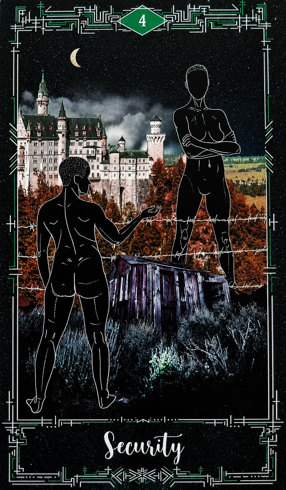 Four of Pentacles card: two figures either side of barbed wire before a castle, titled Security