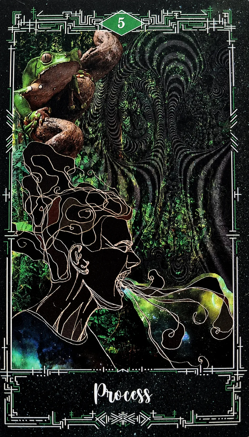 Five of Pentacles card: a figure exhaling mist beneath frogs in a dark forest, titled Process