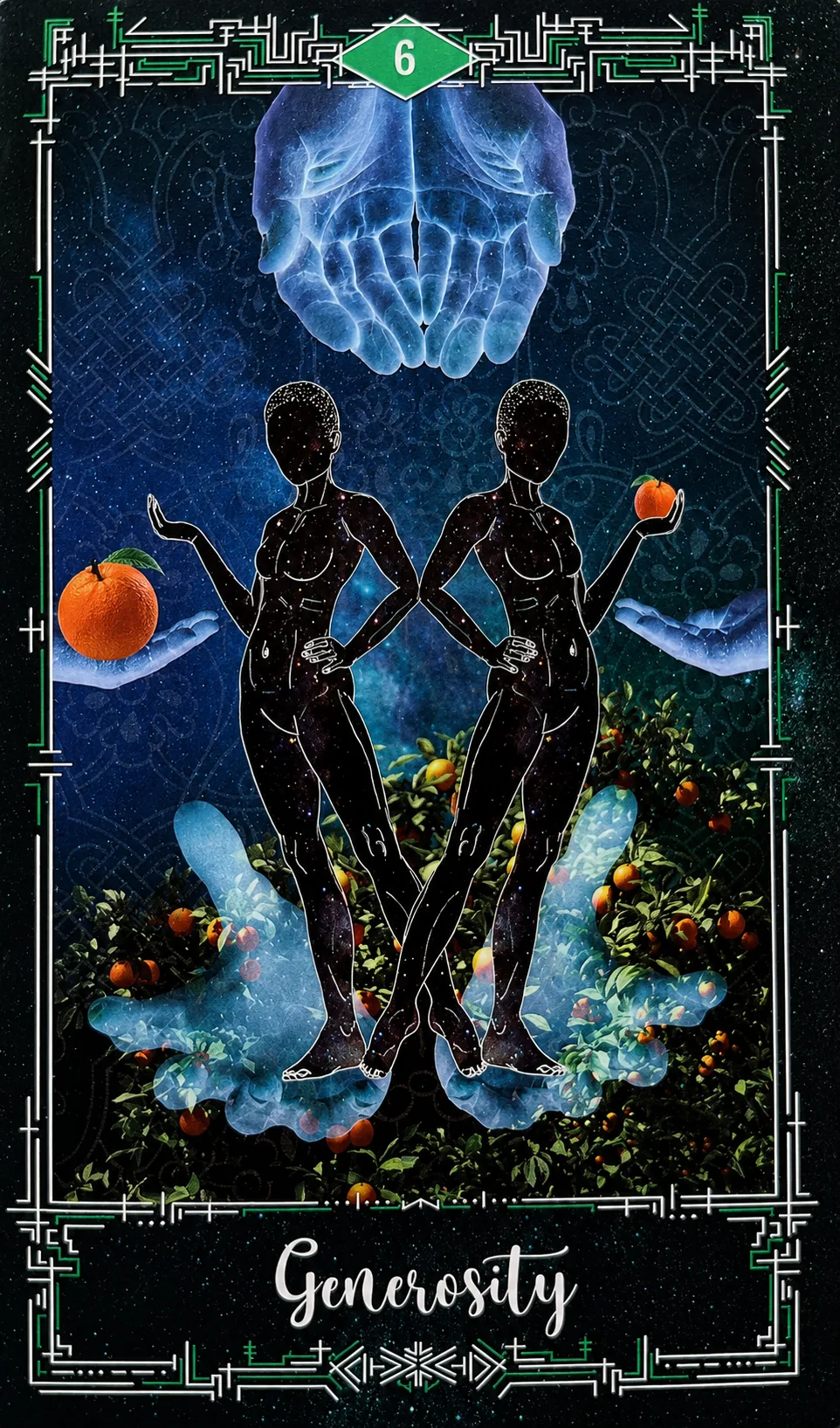 Six of Pentacles card: two figures exchanging oranges beneath giving hands, titled Generosity