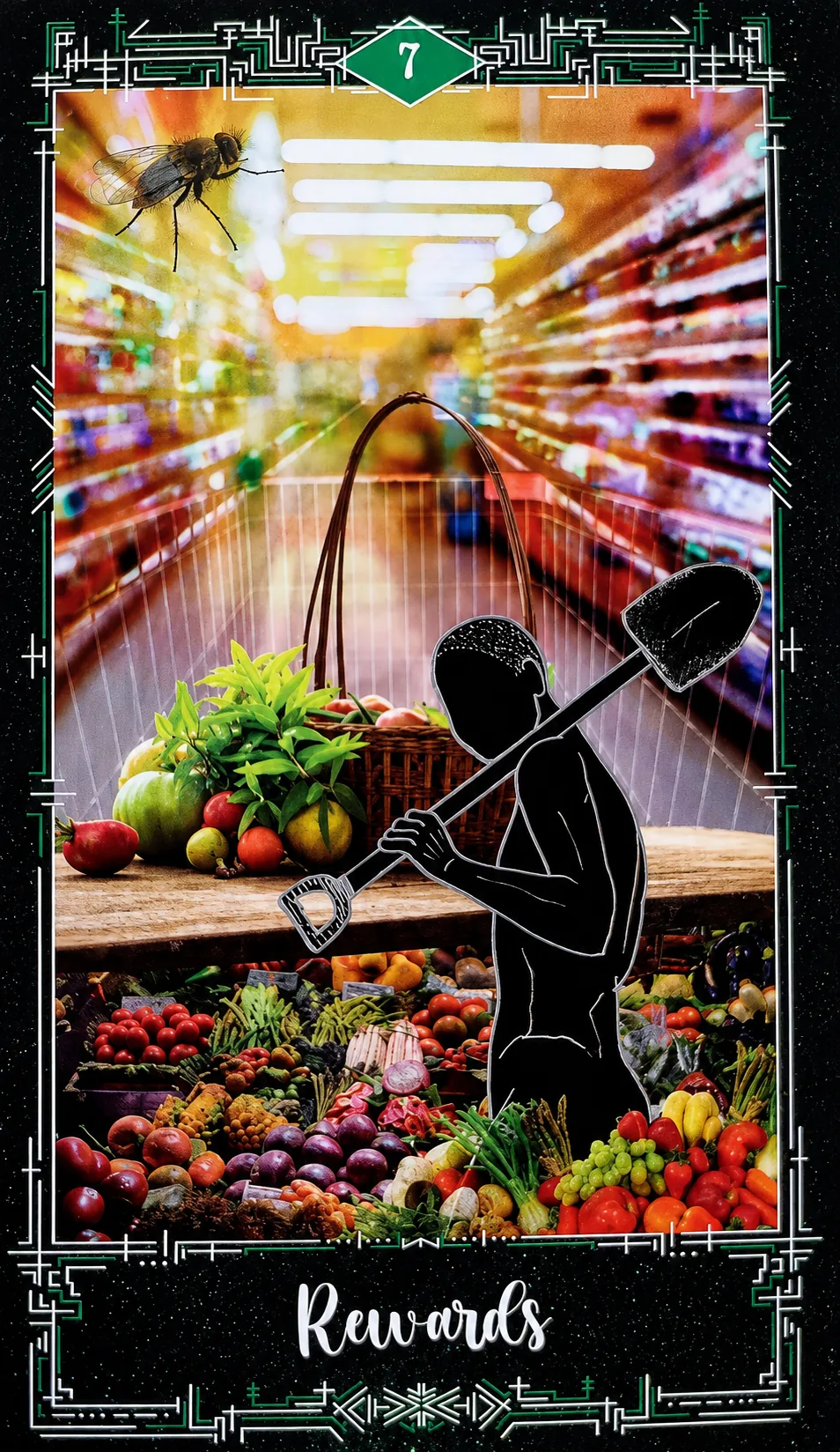 Seven of Pentacles card: a figure with a spade before a market of fresh produce, titled Rewards