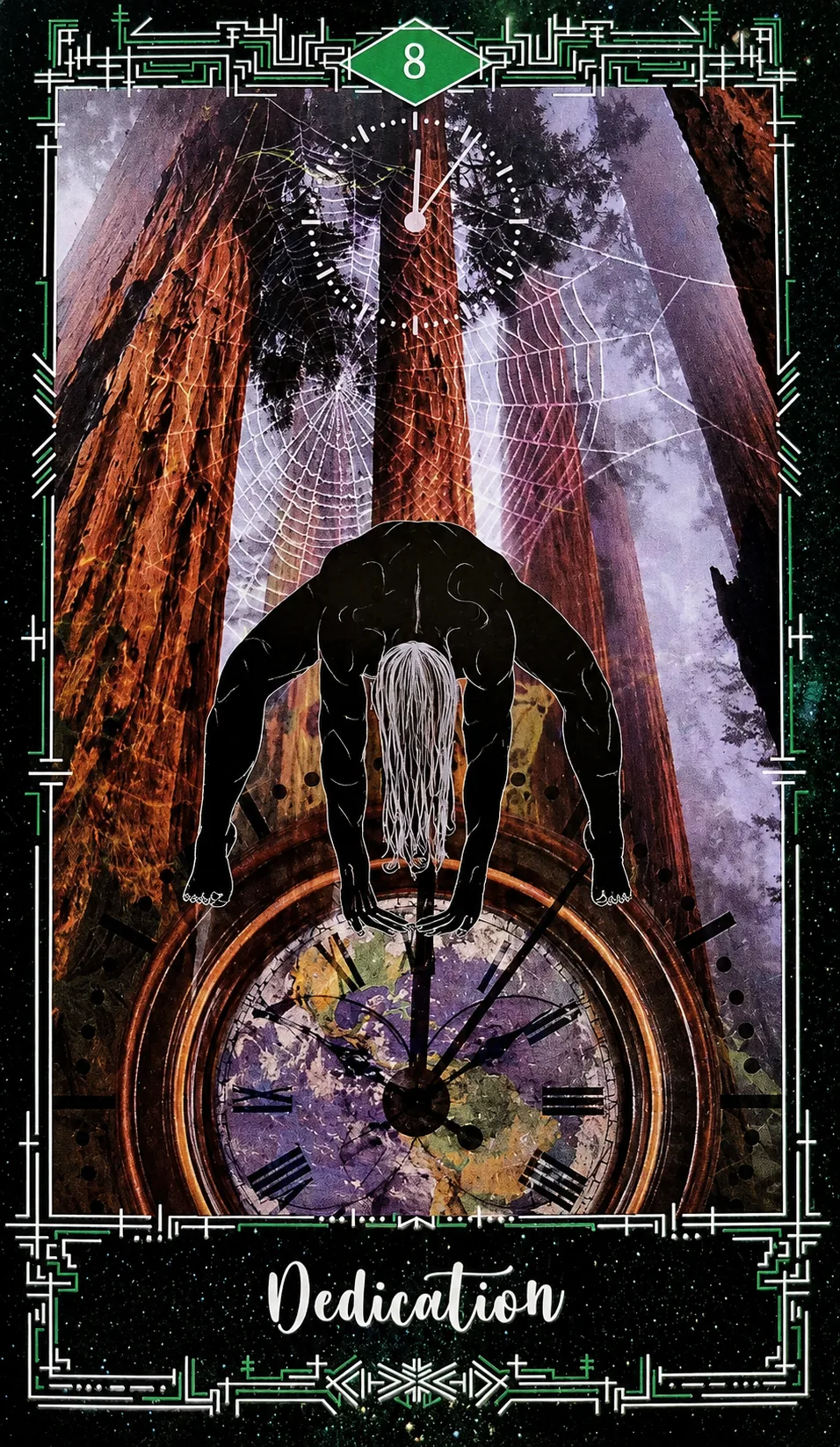 Eight of Pentacles card: a figure balanced atop a great clock among redwoods, titled Dedication