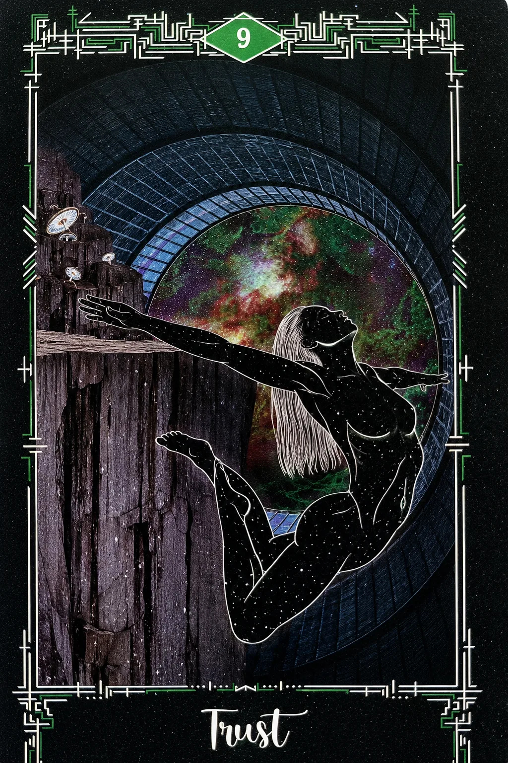 Nine of Pentacles, Trust, card from the Cosmosis Tarot