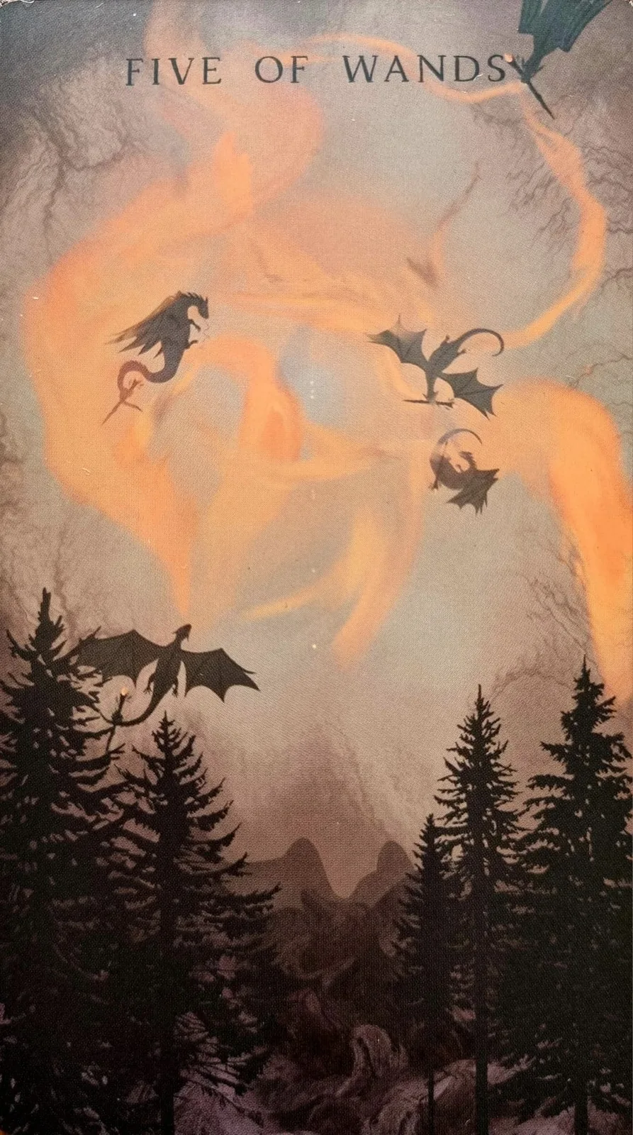 Five of Wands tarot card, dragons clashing in flames above a forest
