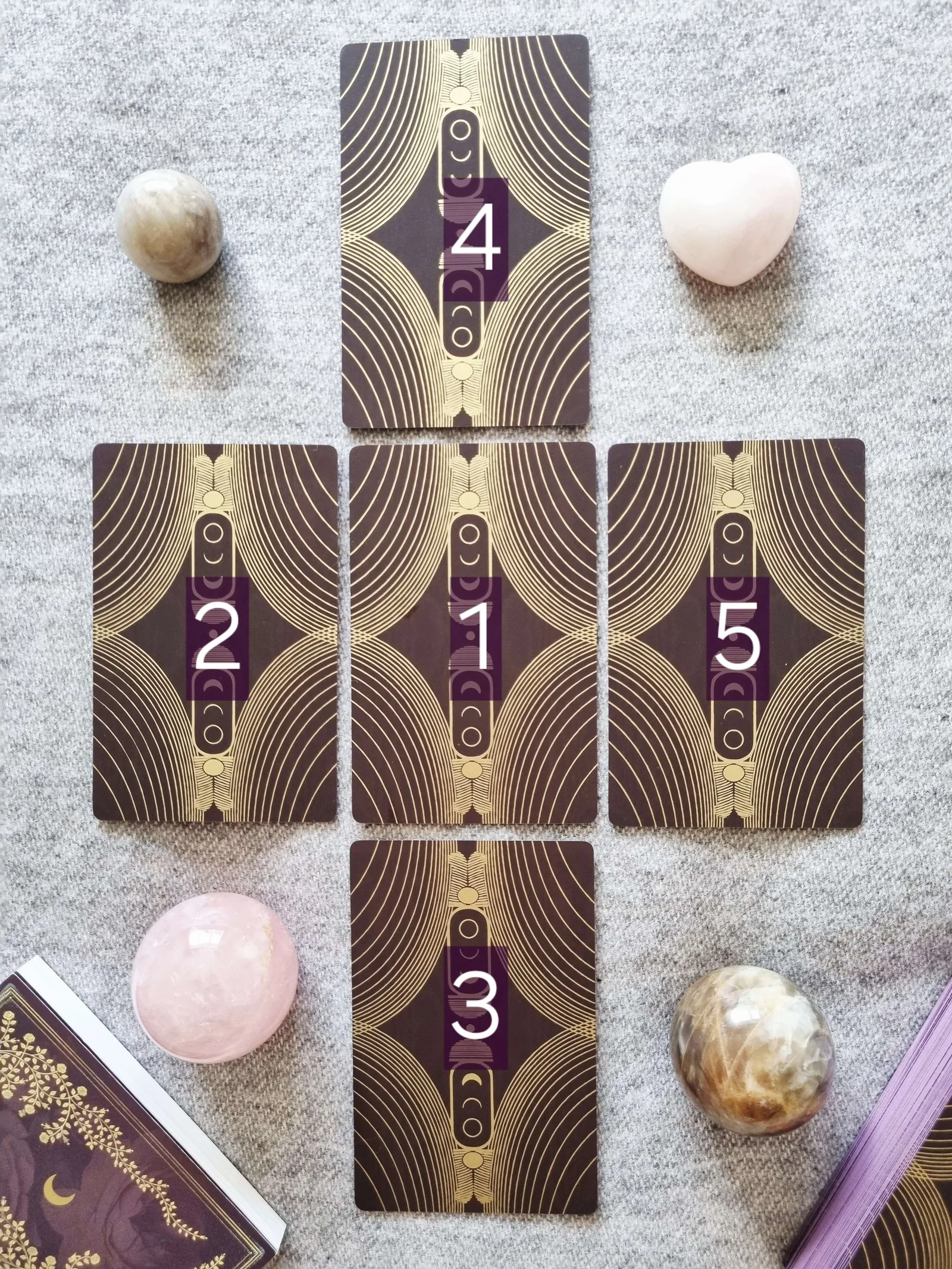 Five card What Am I Protecting? tarot spread laid out face down with numbered positions, surrounded by crystals