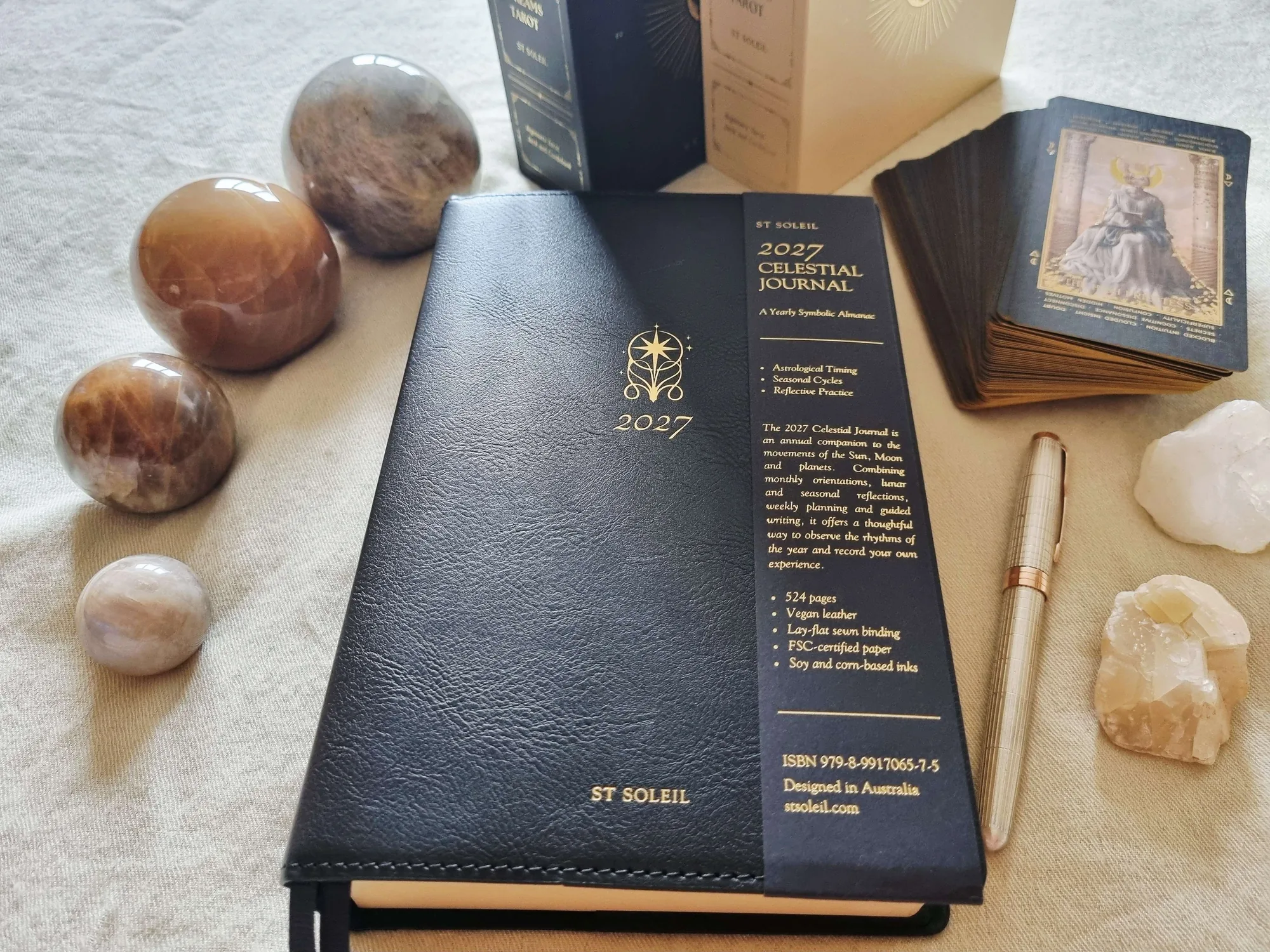 The St Soleil 2027 Celestial Journal with a fountain pen, moonstone spheres and a Tarot deck