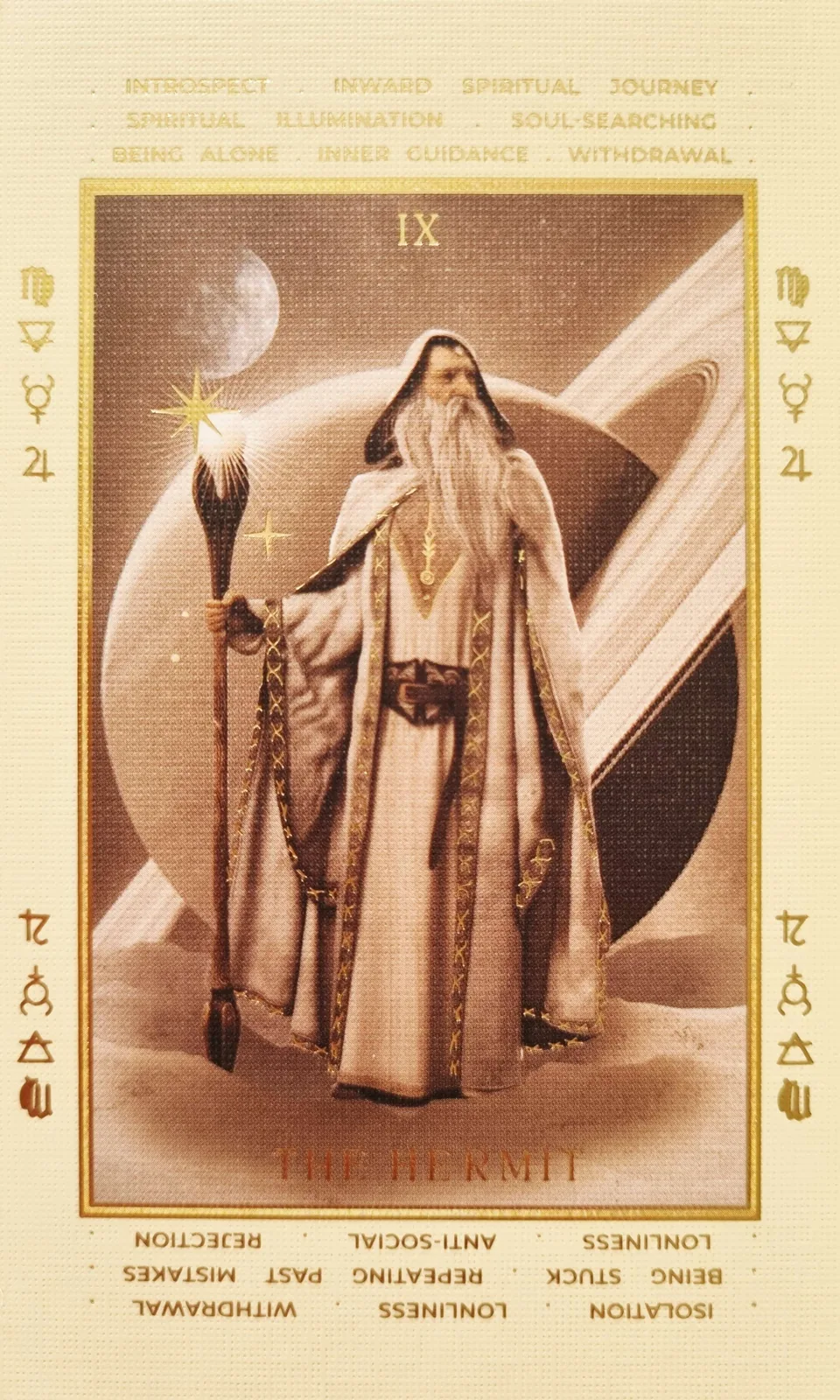 The Hermit tarot card with gold foil keywords