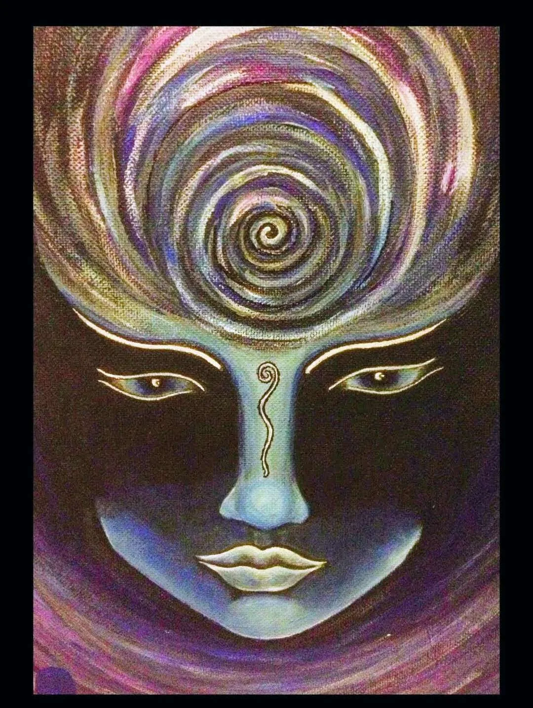 Painting of a blue face with a spiral of colour above the brow, by Morgan